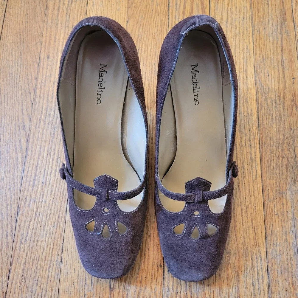 Madeline 10M Heels Brown Suede Mary Jane Cutout Block Heel KAI Whimsigoth Chunky